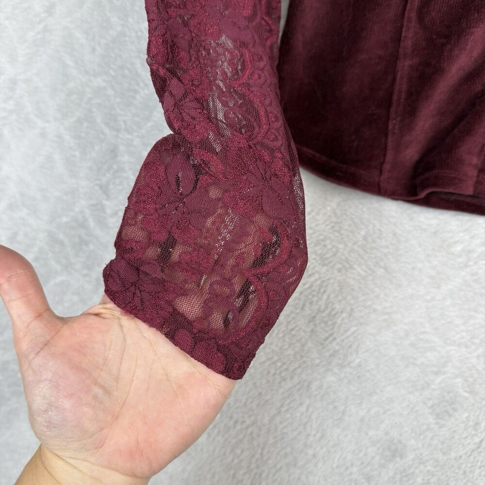 Moda International Burgundy Lace Velvet Long Sleeve Top - Picture 4 of 13
